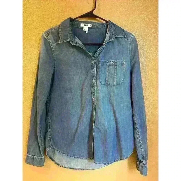 Paige denim long sleeved button up collared fall blouse size xs women’s blue - Picture 2 of 8